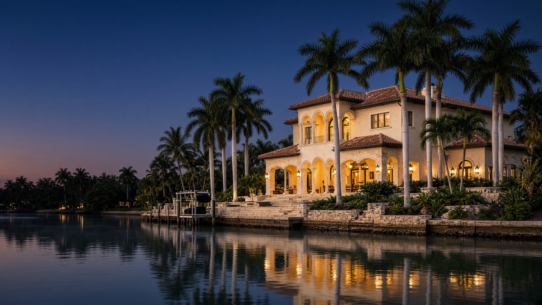 Waterfront estate at dusk on the Intracoastal