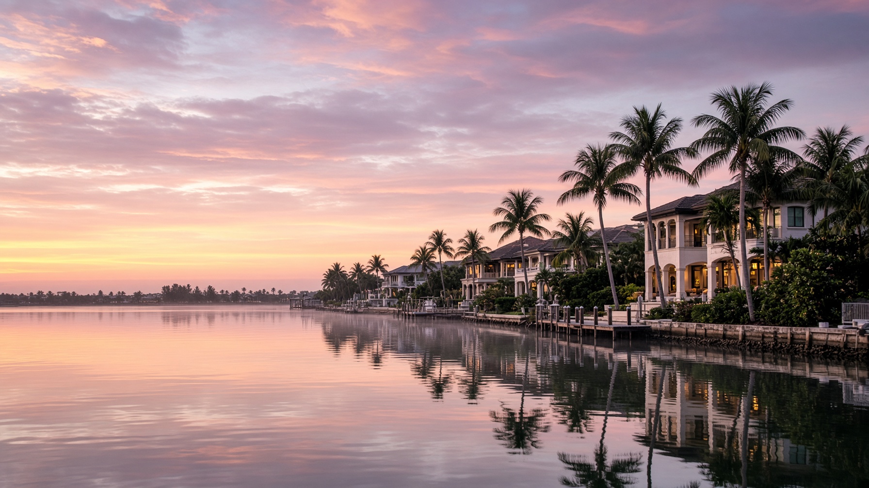 Intracoastal Waterway at sunrise with homes along the canal